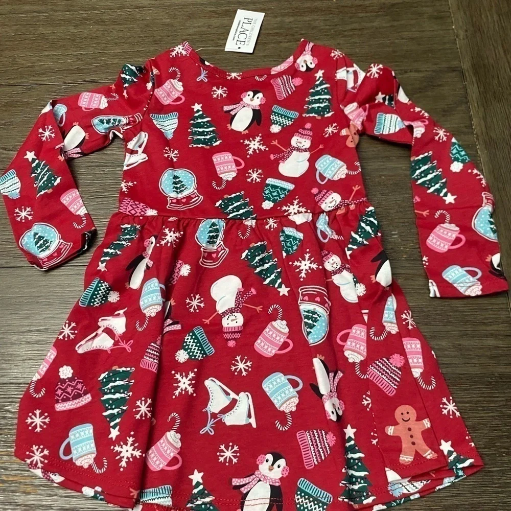 The Children Place red long sleeve Christmas Dresx 4T New with tag